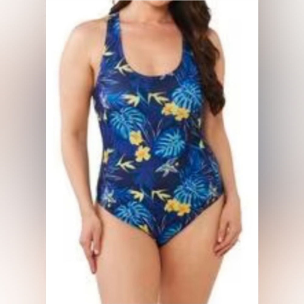 Nicole Miller Studio Racer Back Blue Floral Swim Swimsuit Bathing suit Sz M NWT